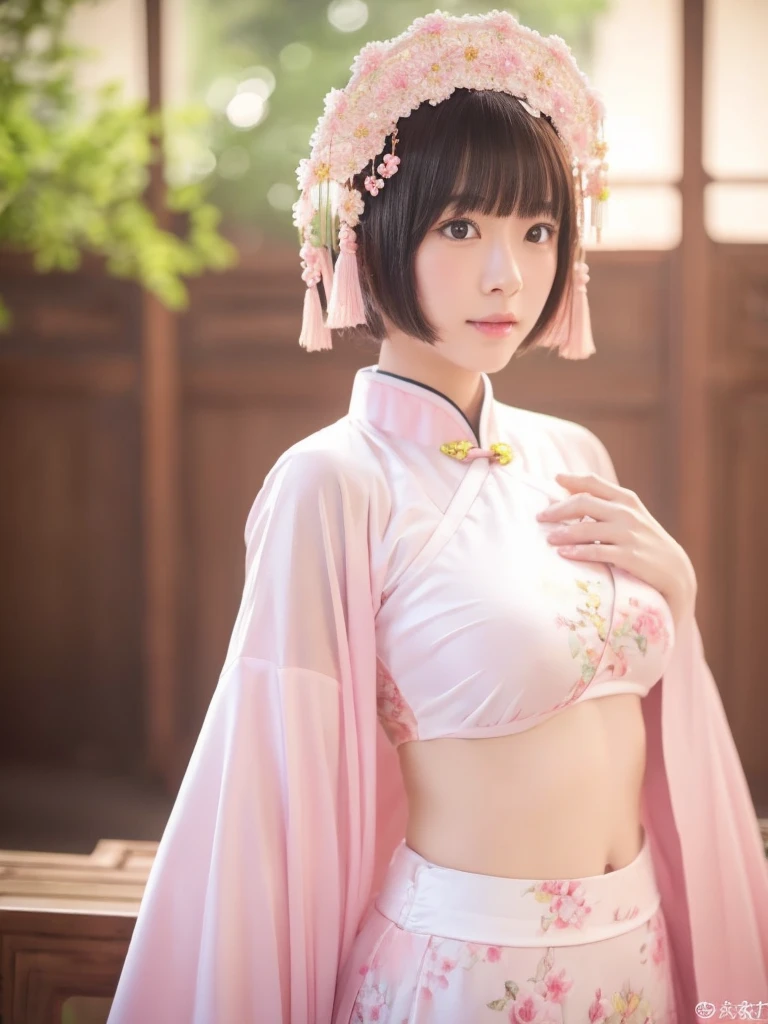 1 girl, chinese_clothes, in white and pink, hanfu, Cheongsam, chinese city, dynamic pose, Headdress, hair ornament, (realistic detailed eyes, natural skin texture, innocent expresion), intricate details, soft and dreamy lighting, pastel color palette, shallow depth of field, highly detailed, hyper-realistic, medium-format film camera, blurred background., bob cut、bob hair、short hair, japanese, big breast