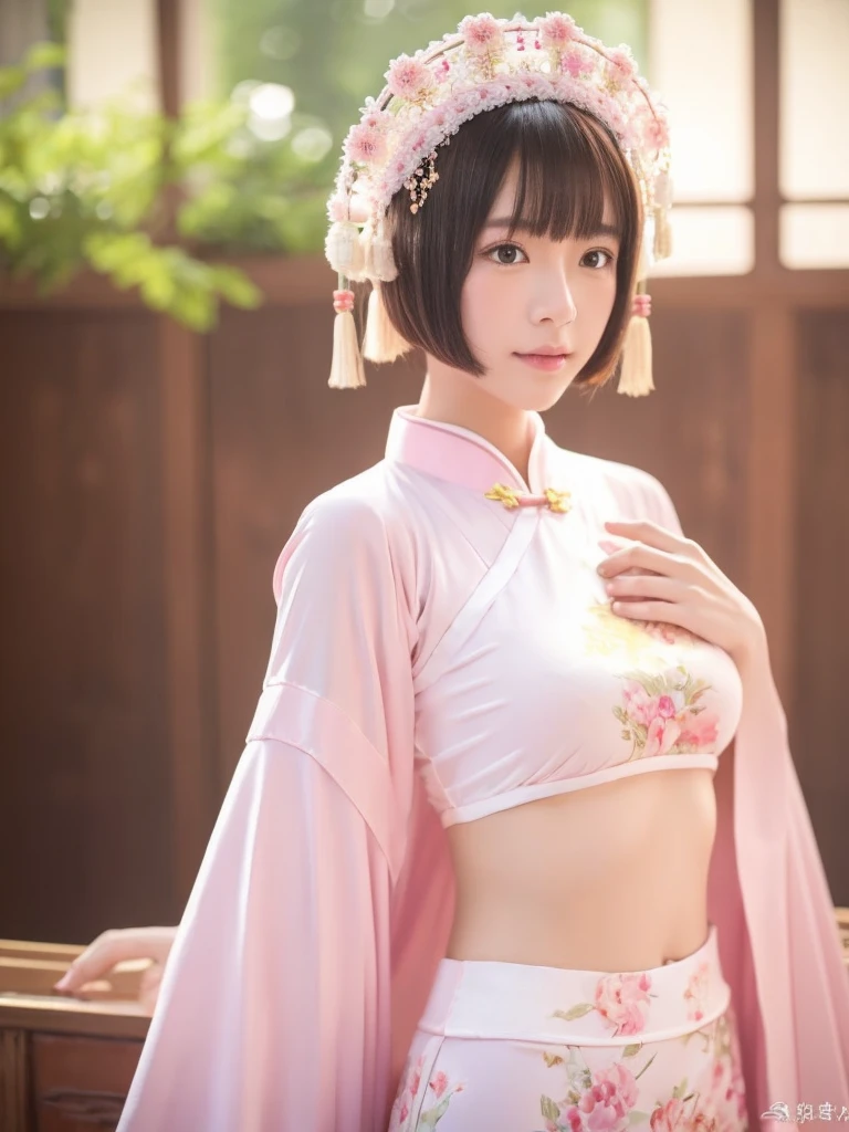 girls in old-Japanese cherry blossom garden,long-sleeved yukata top,white cotton thong style Japanese loincloth,pale pink obi,18-year-old,bangs,a little smile,thighs,knees,short hair and low pigtails with barrette with flower brooch,from below,front light