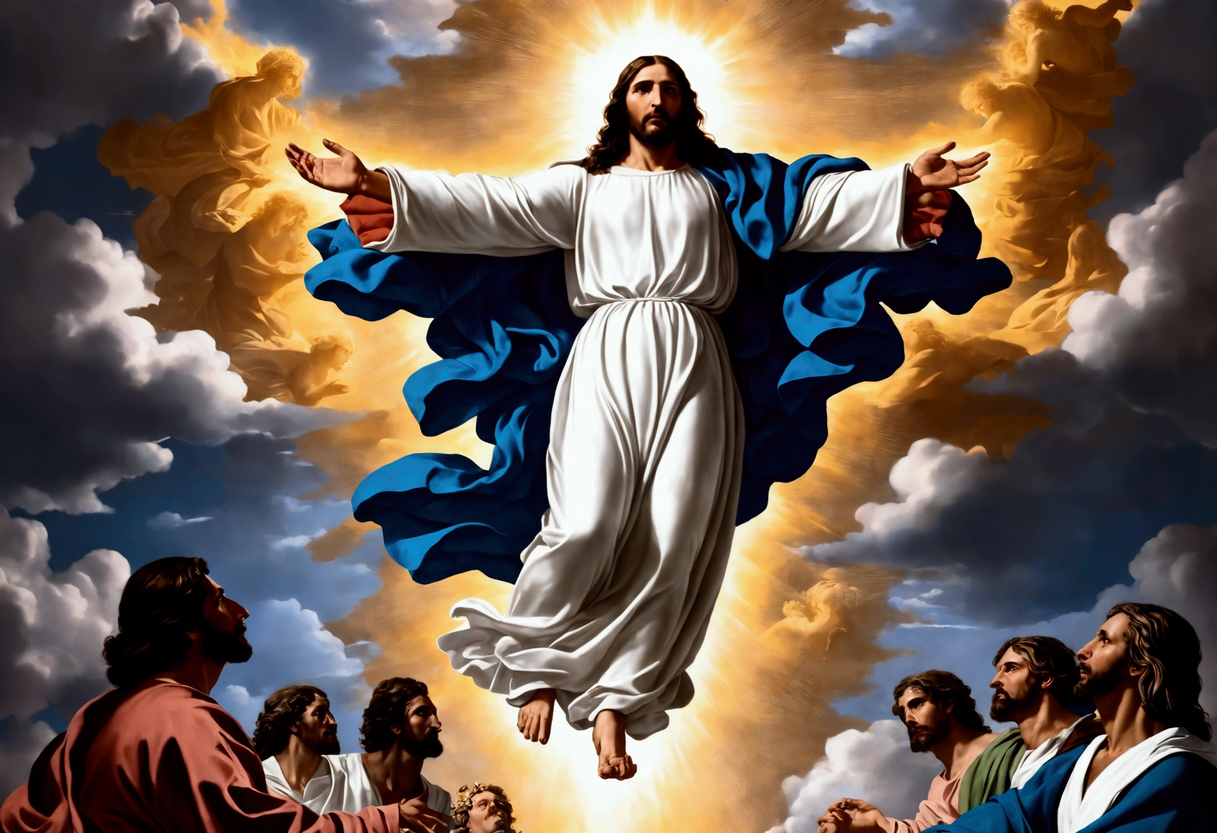 JesusChrist, Opening your arms, descending from heaven after the apocalypse, Undoing , fire, GOD, angels, battle, descending from the heavens , glorious