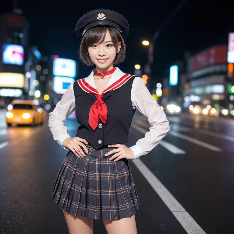 (2 to 3 gorgeous Asian women, age 20s, standing with hands on hip, at empty Shibuya Crossing Tokyo with no people in background, under night sky. They're dressed in Japanese JK Uniform, Serafuku, Seifuku, Sailor Uniform, silver neck choker, white blouse, sailor-style collar, pleated skirt, Buttons, Red Ribbon, Red Bolo Tie, Striped Necktie, Red Neckerchief, Red Bow, Sailor Hat, Western-style plaid skirt, knee-high socks, blazer, vest, beautiful detailed face, beautiful detailed eyes, dimpled smile, kind & friendly smile, short bob hair, ponytail, cute snaggletooth, ample round bosom, Fit & Healthy body proportion, photorealistic, hyper-realism, high contrast, ultra HD, realistic skin textures, top image quality, top-quality, super high resolution, fine details, very meticulously, bokeh background, full_body_shot, vivid colours, masterpiece) #aliceinborderland