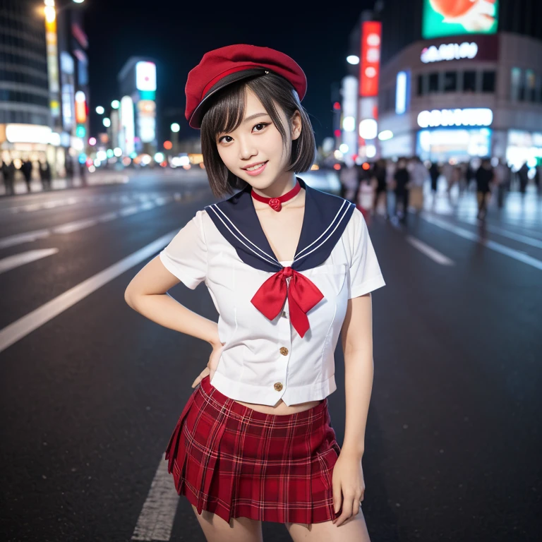 (2 to 3 gorgeous Asian women, age 20s, standing with hands on hip, at empty Shibuya Crossing Tokyo with no people in background, under night sky. They're dressed in Japanese JK Uniform, Serafuku, Seifuku, Sailor Uniform, silver neck choker, white blouse, sailor-style collar, pleated skirt, Buttons, Red Ribbon, Red Bolo Tie, Striped Necktie, Red Neckerchief, Red Bow, Sailor Hat, Western-style plaid skirt, knee-high socks, blazer, vest, beautiful detailed face, beautiful detailed eyes, dimpled smile, kind & friendly smile, short bob hair, ponytail, cute snaggletooth, ample round bosom, Fit & Healthy body proportion, photorealistic, hyper-realism, high contrast, ultra HD, realistic skin textures, top image quality, top-quality, super high resolution, fine details, very meticulously, bokeh background, full_body_shot, vivid colours, masterpiece) #aliceinborderland