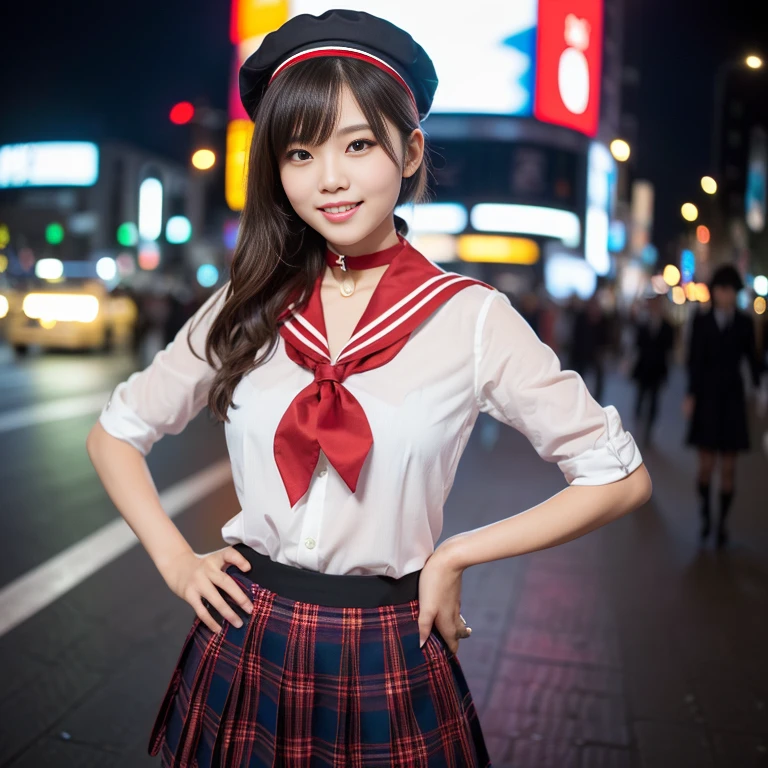 (2 to 3 gorgeous Asian women, age 20s, standing with hands on hip, at empty Shibuya Crossing Tokyo with no people in background, under night sky. They're dressed in Japanese JK Uniform, Serafuku, Seifuku, Sailor Uniform, silver neck choker, white blouse, sailor-style collar, pleated skirt, Buttons, Red Ribbon, Red Bolo Tie, Striped Necktie, Red Neckerchief, Red Bow, Sailor Hat, Western-style plaid skirt, knee-high socks, blazer, vest, beautiful detailed face, beautiful detailed eyes, dimpled smile, kind & friendly smile, short bob hair, ponytail, cute snaggletooth, ample round bosom, Fit & Healthy body proportion, photorealistic, hyper-realism, high contrast, ultra HD, realistic skin textures, top image quality, top-quality, super high resolution, fine details, very meticulously, bokeh background, full_body_shot, vivid colours, masterpiece) #aliceinborderland