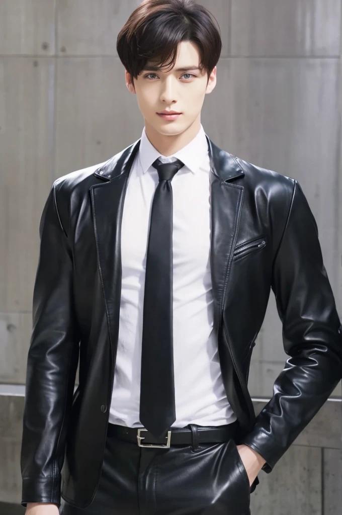 at office,wearing black leather jacket,two block haircut, Attractive man,Live-action photo,Handsome and sunny,(SLR effect,Reality,8K,Hyper-detailing,Absolute realism)