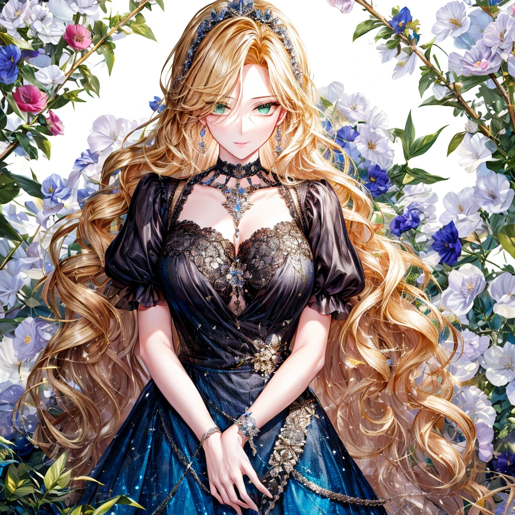 shoujo-style, (floral background, Romance Manhwa), 3girl, blonde hair, solo, long hair, flower, dress, tiara, white dress, gloves, long sleeves, choker, green eyes, mascara, makeup, white gloves, black bow, black flower, wavy hair, bow, Good, jewelry, looking at viewer, white background, collarbone, puffy sleeves, silver accessories, upper body, parted bangs, very long hair, blue dress, frills, bangs, closed mouth, detailed eyes, sparkle full body photo