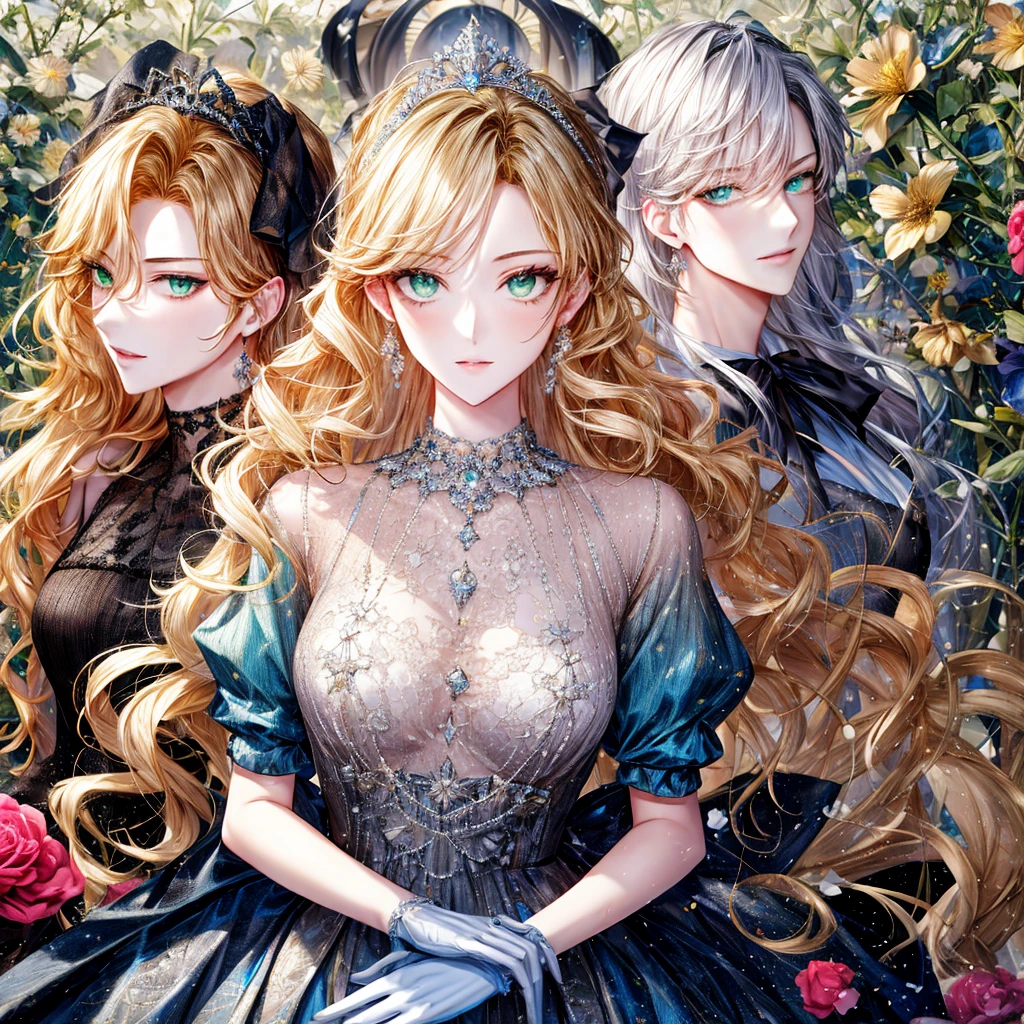 shoujo-style, (floral background, Romance Manhwa), 3girl, blonde hair, solo, long hair, flower, dress, tiara, white dress, gloves, long sleeves, choker, green eyes, mascara, makeup, white gloves, black bow, black flower, wavy hair, bow, Good, jewelry, looking at viewer, white background, collarbone, puffy sleeves, silver accessories, upper body, parted bangs, very long hair, blue dress, frills, bangs, closed mouth, detailed eyes, sparkle full body photo 