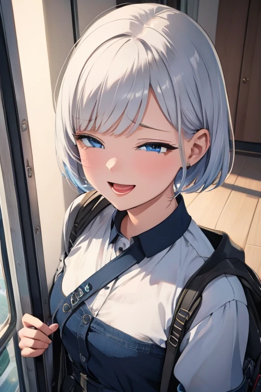 A woman with silver bob hair and blue eyes, her eyes are condescendingly, ((She is very happy, she is laughing, she is crying)), extremely detailed and realistic, masterpiece quality, ultra-detailed, HDR, studio lighting, vivid colors, physically-based rendering, ((She is facing completely to the side)), she is camping