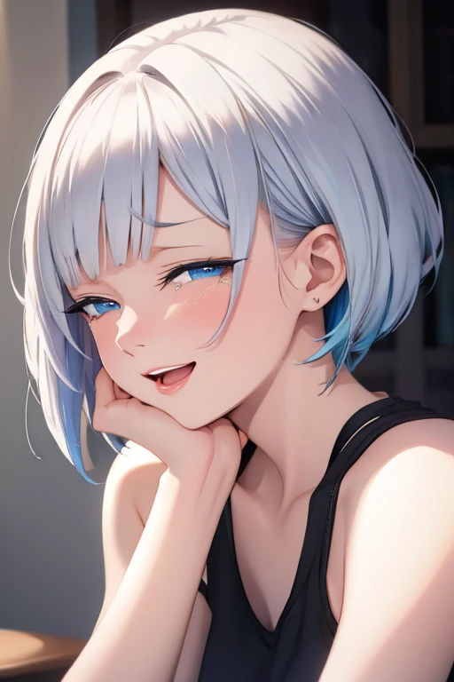 A woman with silver bob hair and blue eyes, her eyes are condescendingly, ((She is very happy, she is laughing, she is crying)), extremely detailed and realistic, masterpiece quality, ultra-detailed, HDR, studio lighting, vivid colors, physically-based rendering, ((She is facing completely to the side)), she is camping
