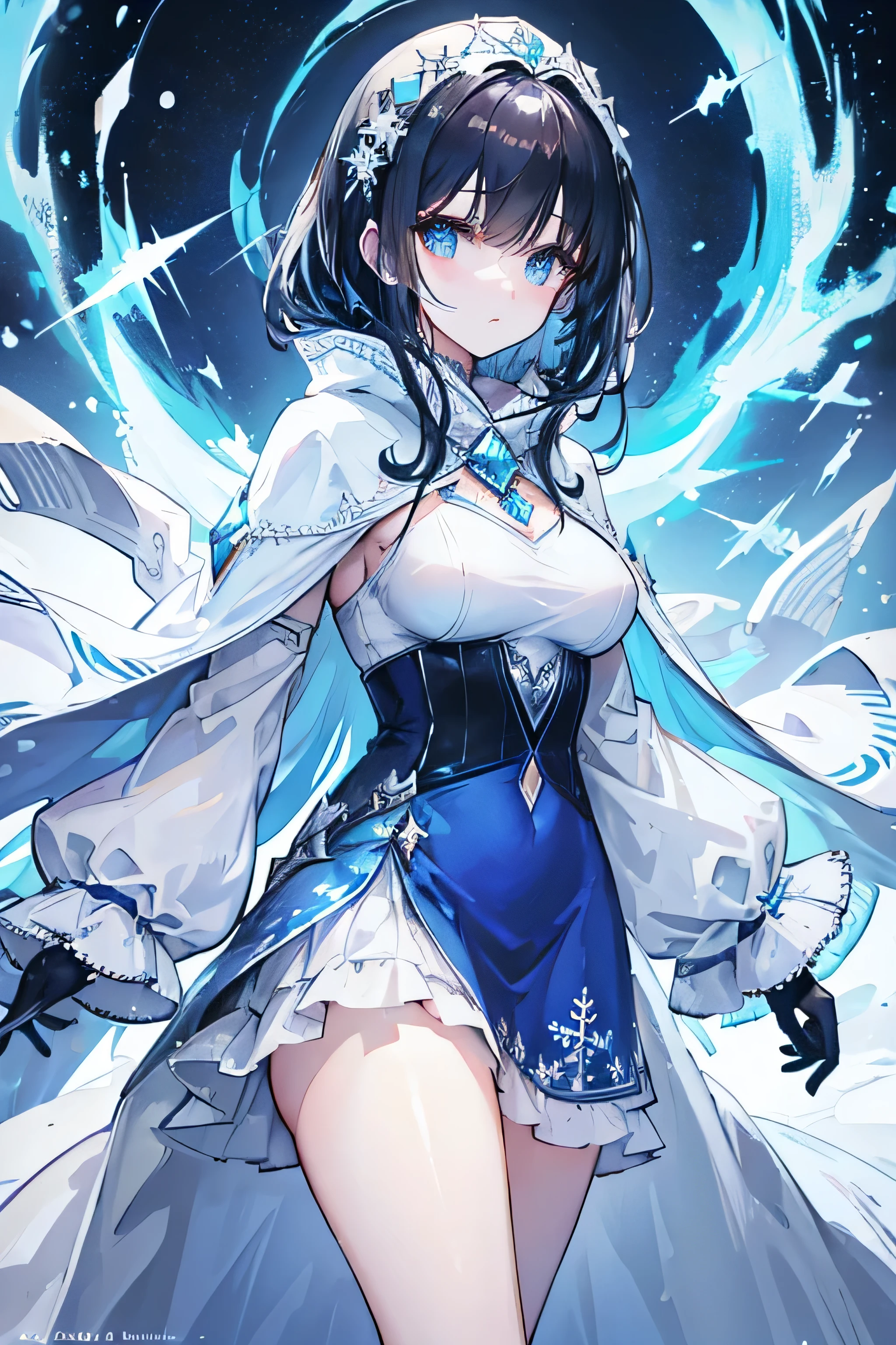 A young woman stands in a wintry landscape with towering glaciers and snow-covered peaks. She has long, dark hair with blue highlights, and her piercing blue eyes reflect the icy surroundings. She wears an elegant dark blue gown adorned with intricate snowflake patterns and a shimmering gemstone at the neckline. Her cloak, also decorated with snowflakes, billows in the frigid wind. Snowflakes gently fall around her, enhancing the ethereal atmosphere of the icy realm.