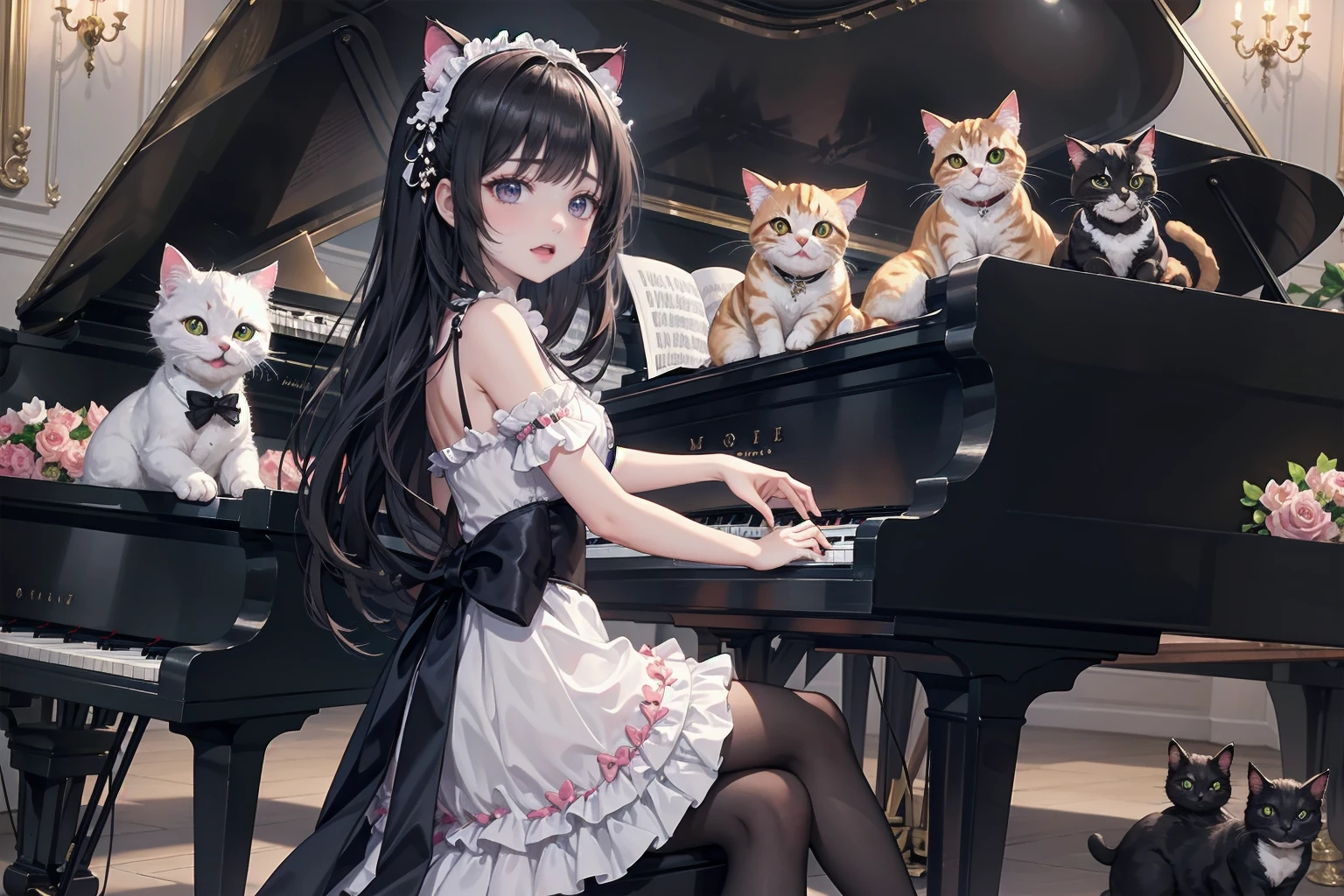 、Multiple cats are getting in the way、Viewers watching from the side、One person、One Woman、beautiful girl、Moe、Cute appearance、Very cute clothes、Delicate pink lolita dress、Smile、One Grand Piano、large room、Sitting well in a black chair、Piano playing、Classic、Music Classes、One piano、One piano、Solo Piano、