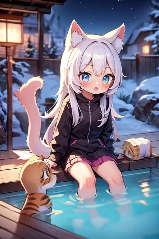 Table、Two girls humanize kittens、 physique、chibi、cat ears and tail、Snowy landscape、full 、spread your legs ,relaxed facial expression、hot onsen、Take a bath on、chibi