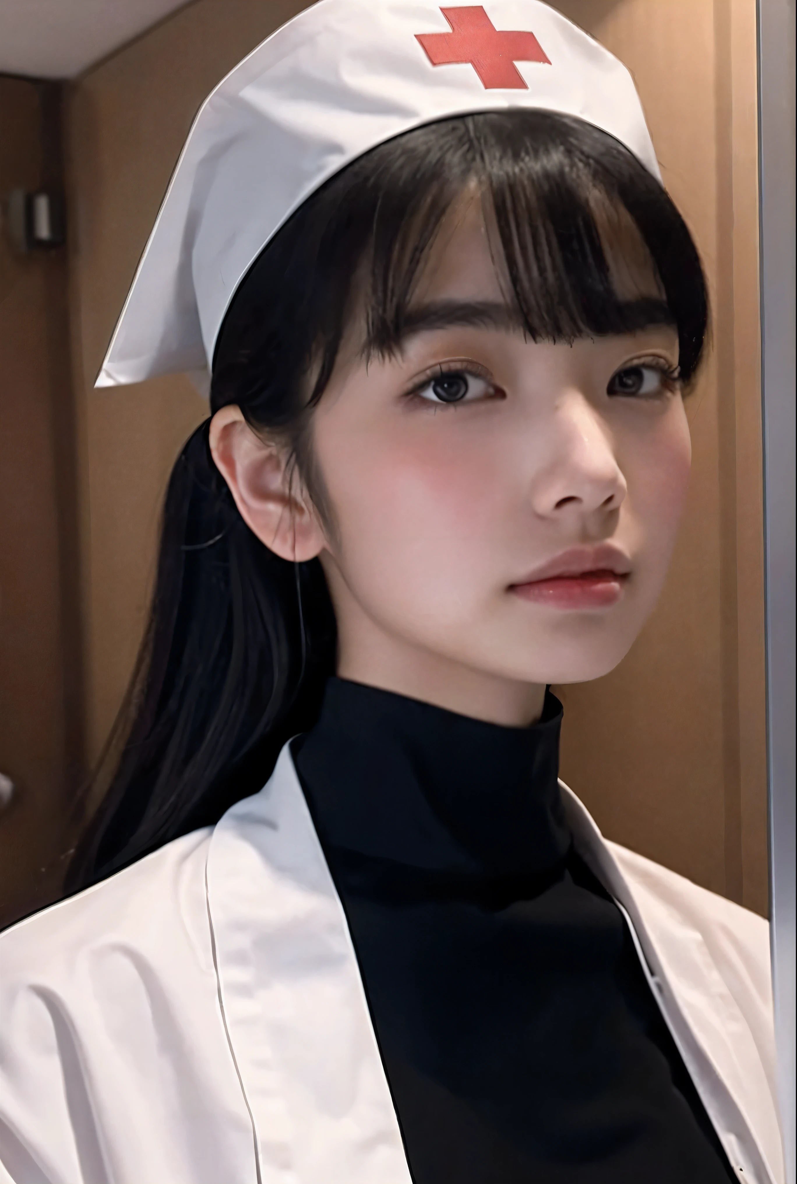 Create a breathtaking 16K resolution masterpiece that captures the essence of award-winning photography, reminiscent of the renowned work of Paolo Roversi. Visualize a beautiful Japanese nurse, around 20 years old, named Nana Komatsu, with stunning black hair that embodies the essence of an ultra-realistic texture, much like a shot from a RED digital cinema camera. Her cute freckled skin should be meticulously detailed, with eyes that glow with life, and a facial structure that fits the golden ratio of attractiveness, including clear double eyelids and perfectly applied blush on her cheeks. | Nana is dressed in a stylish nurse's uniform, exuding professionalism and elegance. The setting is a modern hospital room, with her poised under the focused lights, casting soft shadows around her. Capture her from a low angle to reveal her whole body in a dynamic pose, adding to the intensity of the scene. She looks dreamily into the distance, her expression both engaging and ethereal. | Emphasize her whole body perfect proportions, including the delicacy of her fingers and the elegance of her stance. The overall ambiance should have a calm and clinical filter to add a touch of professionalism to the composition, while the precise lighting accentuates the artistic and stunning details of her attire and the mood of the hospital. | Rendered in ultra-high definition with UHD and retina quality, this masterpiece ensures anatomical correctness and textured skin with super detail. With a focus on high quality and accuracy, this award-winning portrayal captures every nuance in stunning 16k resolution, immersing viewers in its lifelike depiction. | Keywords: ((beautiful black hair):1.1), ((stylish nurse uniform):1.1), ((hospital setting)), ((stylish nurse uniform):1.1), ((hospital setting)), (((anatomical correctness))), ((medical hand gloves):1.2), ((perfect composition, perfect design, perfect layout, perfect detail, ultra-detailed)), ((enhance_all, fix_everything)), More Detail, En