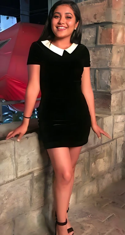 Mexican Girl woman in a black dress posing for a picture, wearing a tight black dress, she is wearing a black dress, succubus in tight short dress, wearing black dress, wearing a black dress, full body length shot, full body picture, black dress, tight dress, full body close-up shot, standing and posing elegantly, full body in view