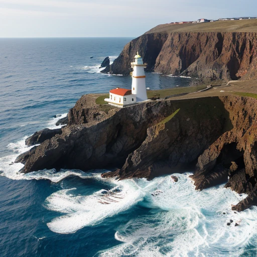 The lighthouse is surrounded by rugged terrain, with steep cliffs dropping down to the crashing waves below. The air is always fresh and salty, carried by the constant ocean breeze. Seabirds can often be seen soaring overhead, and the sound of waves breaking against the rocks is ever-present.