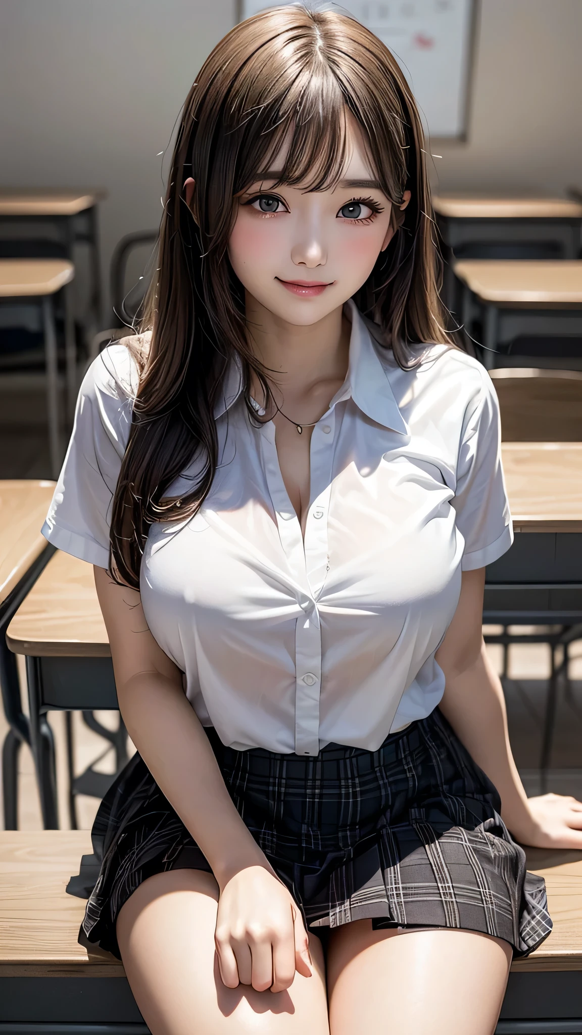 (classroom), (Beautiful and vibrant background), ((((Huge_chest)))), (high school girl), (White short sleeve shirt), (Checkered Pleated Skirt), (School uniforms), (Beautiful black eyes down to the last detail), (Sit at a desk), (Strike a Pose), (Attractive thighs:1.2), (From below, share:1.2), (Thin eyebrows:1.2), Big eyes, (Heart shaped eyes), (1 girl), (Beautiful Face), Perfect Face, (High nose), Laugh a little, Embarrassing, Highest quality, High resolution, (Beautiful mature girl), (original), (masterpiece), (Very nice and beautiful), (Perfect detail), (Unity CG 8K Wallpaper),