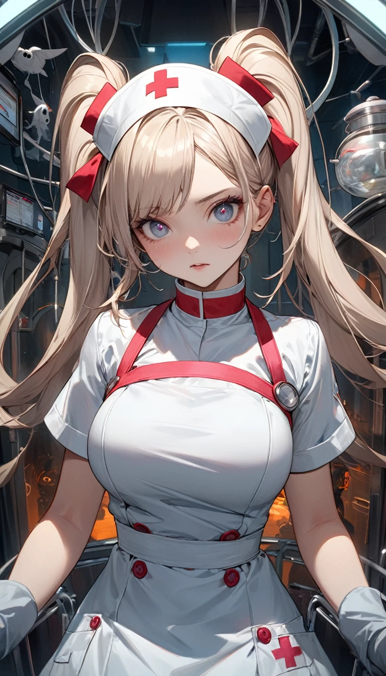 (mad scientist), 8k resolution, masterpiece, Highest quality, Award-winning works, unrealistic, Sexy Womanだけ, healthy body, Age 25, White wavy long hair, hair band, big firm bouncing chests, (Crazy Nurse), A terrifying sight, fear, Very detailed, Digital Painting, artステーション, コンセプトart, Smooth, Sharp focus, shape, artジャム、Greg Rutkowski、Alphonse Mucha、William Adolphe Bouguereau、art：Stephanie Law , operating room, spooky, fear, Full Shot, zombee, Symmetric, Greg Rutkowski, Charlie Bowwater, beep, Unreal 5, Surreal, Dynamic Lighting, ファンタジーart, Complex colors, Horrific scenes, Small face, Very delicate look, Delicate eye depiction, Upper body close-up,, erotic, dynamic sexy pose, Sexy Woman, Healthy body, 24-year-old female, doaxvv_Marie Rose, mad nurse, height: 150cm, Twin tails, To flap one&#39;s hair, Glaring at the camera, look up, Creepy Laughter, (mad look, Bloodshot eyes), (Bloody nurse uniform), Tight Skirt, stockings, pumps, Brandishing a scalpel