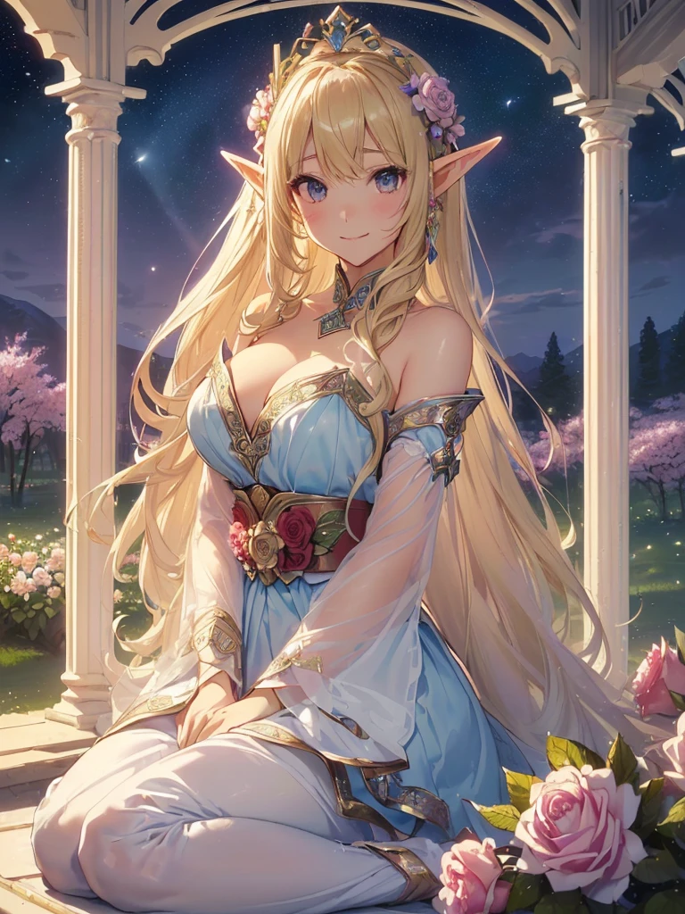 highest quality、Highest image quality、masterpiece、beautiful face、、Titania、Super beautiful elf beauty((18 years old OL big bust、bust 90,beautiful long ironed hair、blonde、Height: 170cm。slender、sexy、Esbian、beautiful tiara、night、High quality、美しいart、Beautiful bed、canopy、Sky curtain、muste piece、ビジュアルart、Depth of the bounds written、、elf ears、、Lightのmagic、universe、A happy smile、穏やかなLight、Elven Forest、cherry blossoms、、elegant、ticker beautiful decorative、marble columns、fresco、Mosaic floor、mystical rosa、Rose、flower瓶、magicのflower、flowerを作るmagic、Light、 the sky、beautiful dressy、beautiful dresyth、ART、Lord of the Ring、sexy、friendly smile、Fantastic、cherry blossoms、舞い散るflowerびら、cherry blossomsのflower、universeのmagic、magicのLight、fantasy、flower、super REALITYたくさんのRose、magic、Interior decoration、Many tapestries、Grow fantasy、、mysteryのLight、byzantine、renaissance、Art nouveau、alphonse Mucha、、art、art,mystery,UHD,magicalgentle light,sexy、