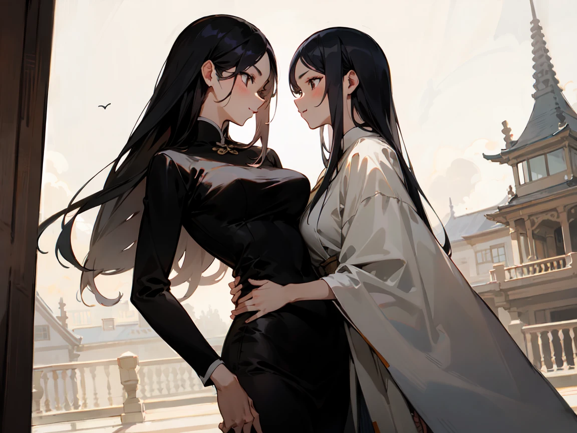 mother and daugher, asian, black heair, perfect body, on a mansion, perfect face.