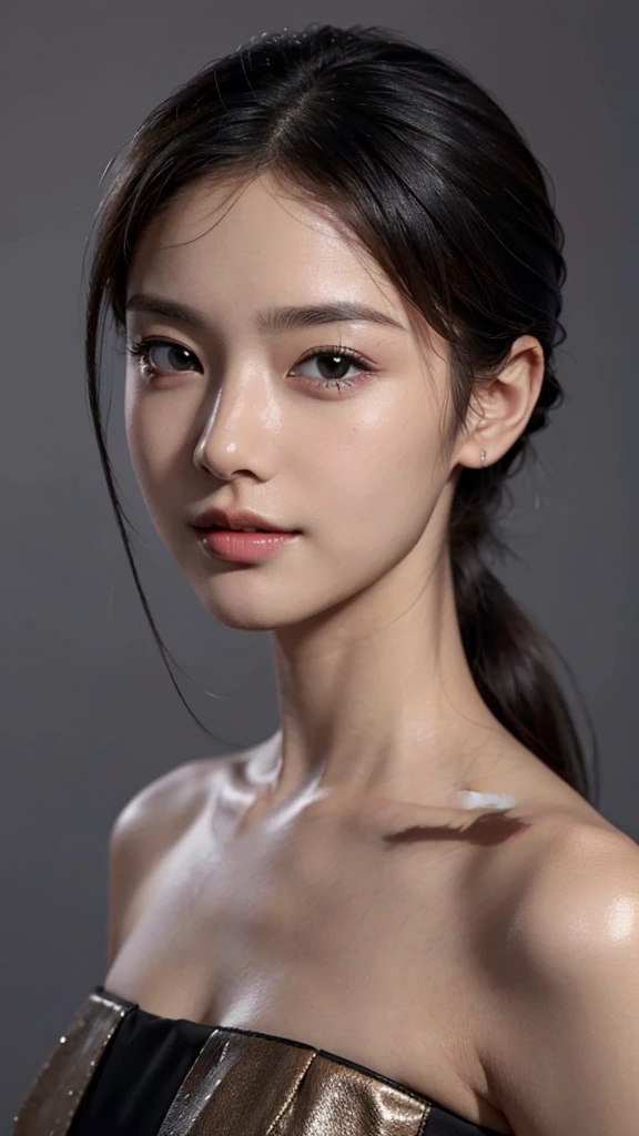 Commercials for luxury cosmetics style,Commercial filming studio,The background is all gray,Body in front,close up face,fully body photo,masutepiece, The highest image quality, High quality, the background is clear，Beautiful woman, Japanese, Detailed, Ultra-detailed, finely detail, hight resolution, 8K Wallpaper, Perfect dynamic composition, Beautiful detailed eyes ,Detailed eyes, Detailed skin, Beautiful skin, 超hight resolution, (reality: 1.4),Very beautiful woman, Slightly younger face, Beautiful skin, slender, (Ultra photo realsisim), (hight resolution), (8K), (Very detailed) (beautifully detailed eyes), (super detailed),   (Detailed face), view the viewer, Fine details, Detailed face, Staring straight ahead, Staring straight ahead, photos realistic, Bright lighting, Professional Lighting, Black hair,poneyTail,a baby face,sixteen years old,Hairstyle: ponytail,Long ponytail hairstyle,slight smile,