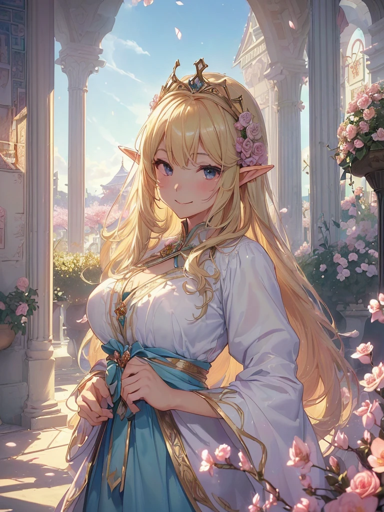 highest quality、Highest image quality、masterpiece、beautiful face、、Titania、Super beautiful elf beauty((18 years old OL big bust、bust 90,beautiful long ironed hair、blonde、Height: 170cm。slender、sexy、Esbian、beautiful tiara、night、High quality、美しいart、Beautiful bed、canopy、Sky curtain、muste piece、ビジュアルart、Depth of the bounds written、、elf ears、、Lightのmagic、universe、A happy smile、穏やかなLight、Elven Forest、cherry blossoms、、elegant、ticker beautiful decorative、marble columns、fresco、Mosaic floor、mystical　rosa、Rose、flower瓶、magicのflower、flowerを作るmagic、Light、　the sky、beautiful dressy、beautiful dresyth、ART、Lord of the Ring、sexy、friendly smile、Fantastic、cherry blossoms、舞い散るflowerびら、cherry blossomsのflower、universeのmagic、magicのLight、fantasy、flower、super REALITYたくさんのRose、magic、Interior decoration、Many tapestries、Grow fantasy、、mysteryのLight、byzantine、renaissance、Art nouveau、alphonse　Mucha、、art、art,mystery,UHD,magicalgentle light,sexy、