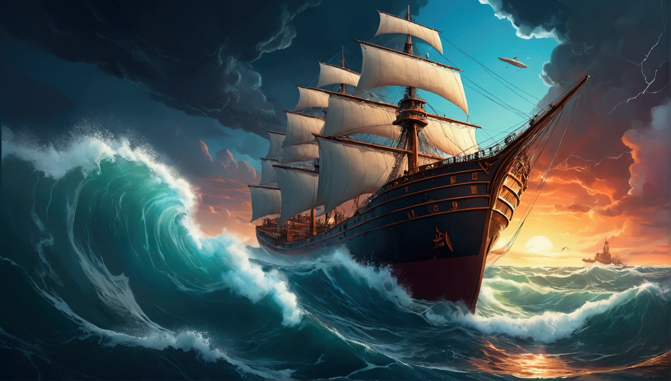 unmanned，dream pictures，A ship in the ocean with the sky in the background, cyril rolando, Ship at sea, Ship lost in storm, In the rough sea, Detailed 4K, on the sea, Amazing wallpapers, Xin Haicheng. — 2160 hours, beautiful art ultra hd，4K
