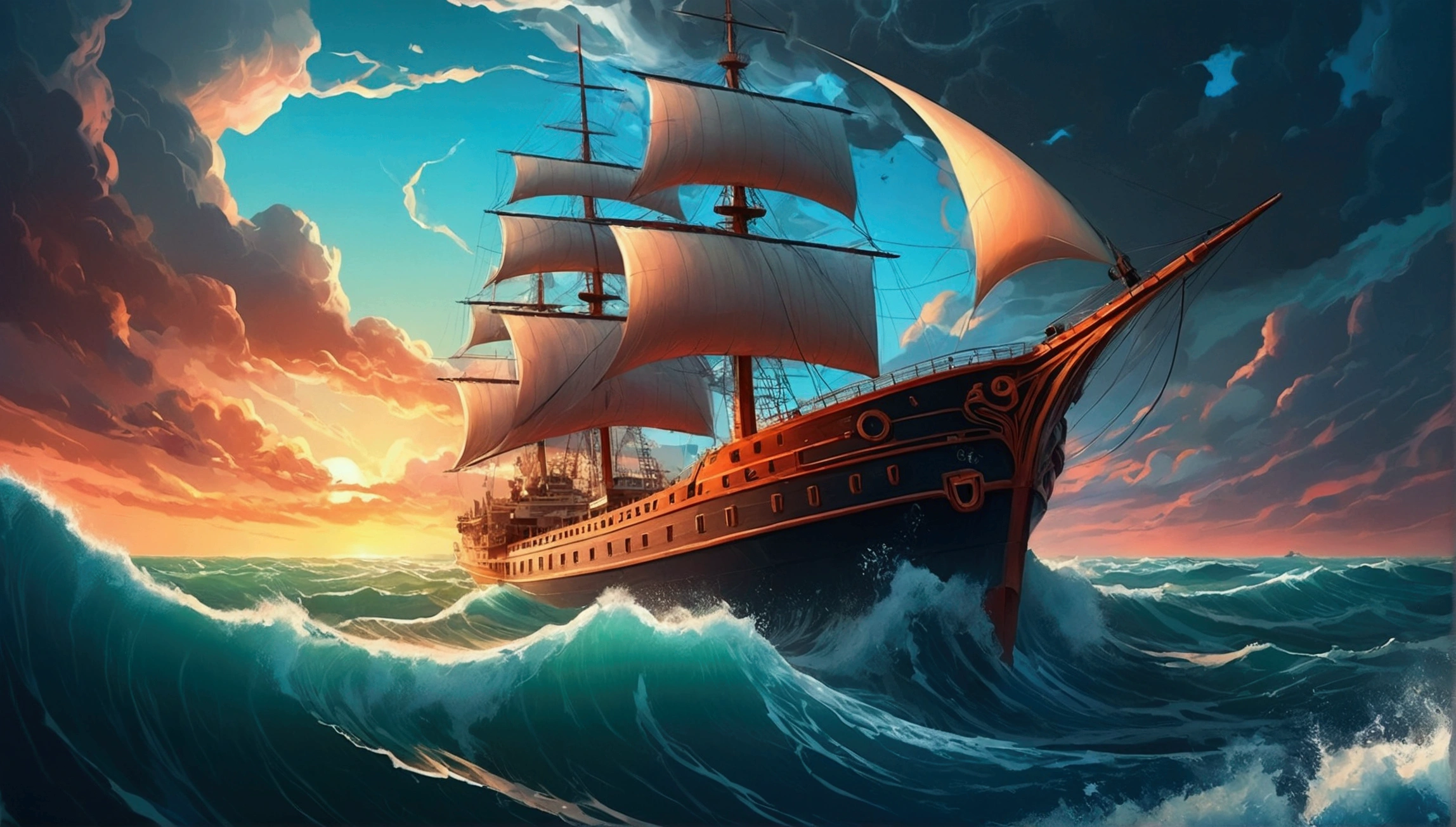 unmanned,dream pictures,A ship in the ocean with the sky in the background, cyril rolando, Ship at sea, Ship lost in storm, In the rough sea, Detailed 4K, on the sea, Amazing wallpapers, Xin Haicheng. — 2160 hours, beautiful art ultra hd,4K