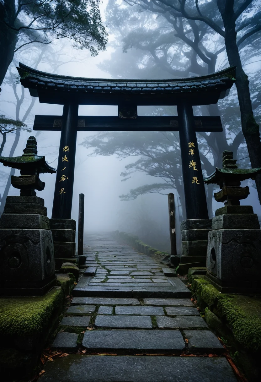 Japanese Shrine, stone gate, Thick Fog, darkness