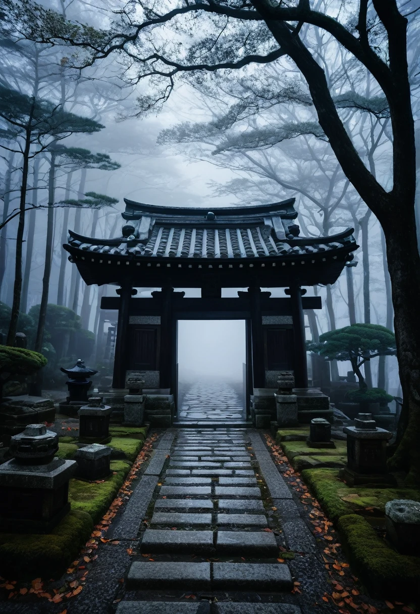 Japanese Shrine, stone gate, Thick Fog, darkness