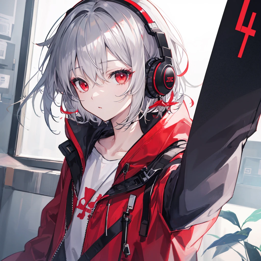(masterpiece,Highest quality,Anime Style,atmosphere,More Information,CG rendering,Character portrait,Ray Tracing)((juvenile、juvenile、Shota、Solo))、Gray Hair、Red Eyes、Red and black gradient、Jacket、headphone