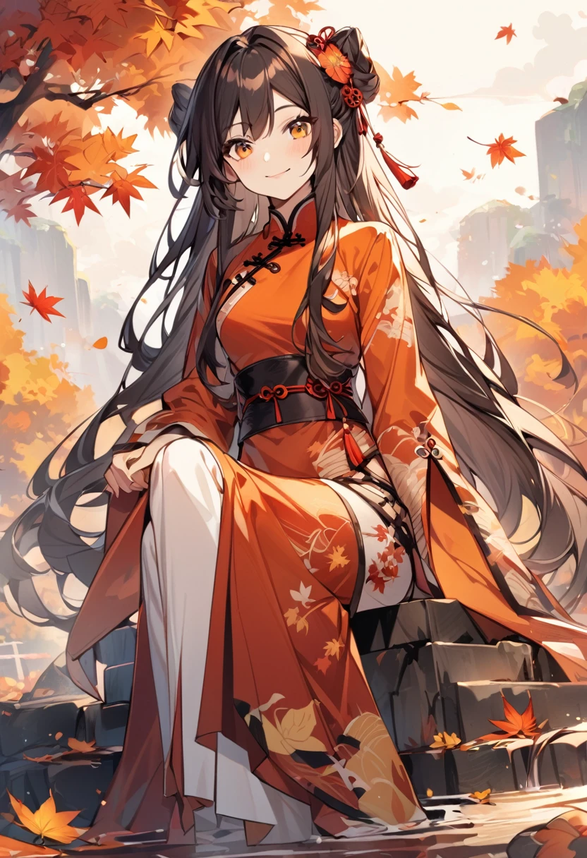 Autumn,A Chinese girl with long hair,whole body,Chinese style,Positive face,Girls' long skirt,Walking on the road covered with fallen leaves,autumn,of maple leaves,In the woods