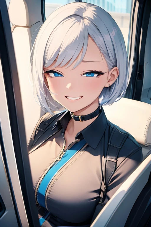 A woman with silver bob hair and blue eyes, her eyes are condescendingly, ((She is very happy with a cute grinning expression)), extremely detailed and realistic, masterpiece quality, ultra-detailed, HDR, studio lighting, vivid colors, physically-based rendering, she is driving, she watches the handle