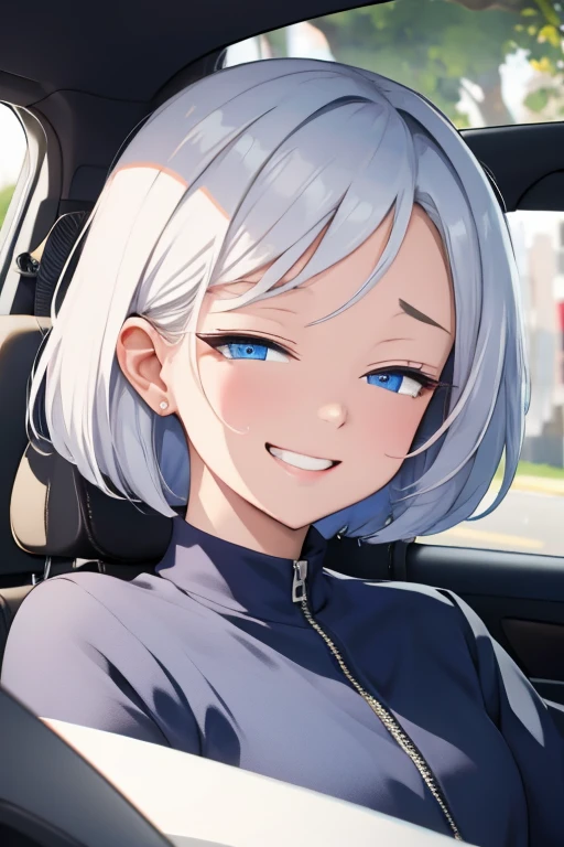 A woman with silver bob hair and blue eyes, her eyes are condescendingly, ((She is very happy with a cute grinning expression)), extremely detailed and realistic, masterpiece quality, ultra-detailed, HDR, studio lighting, vivid colors, physically-based rendering, she is driving, she watches the handle