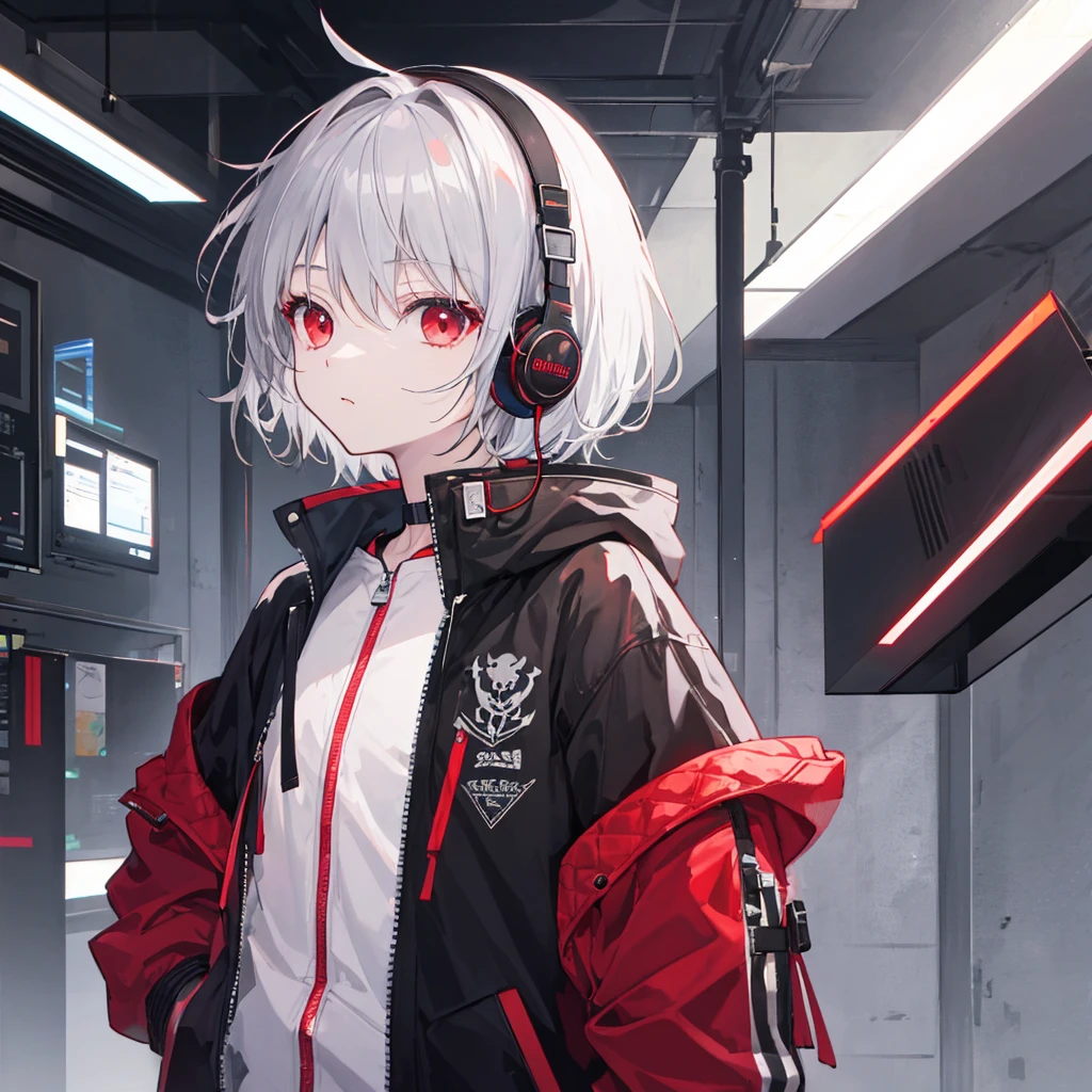 (masterpiece,Highest quality,Anime Style,atmosphere,More Information,CG rendering,Character portrait,Ray Tracing)((juvenile、juvenile、Shota、Solo))、Gray Hair、Red Eyes、Red and black gradient、Jacket、headphone