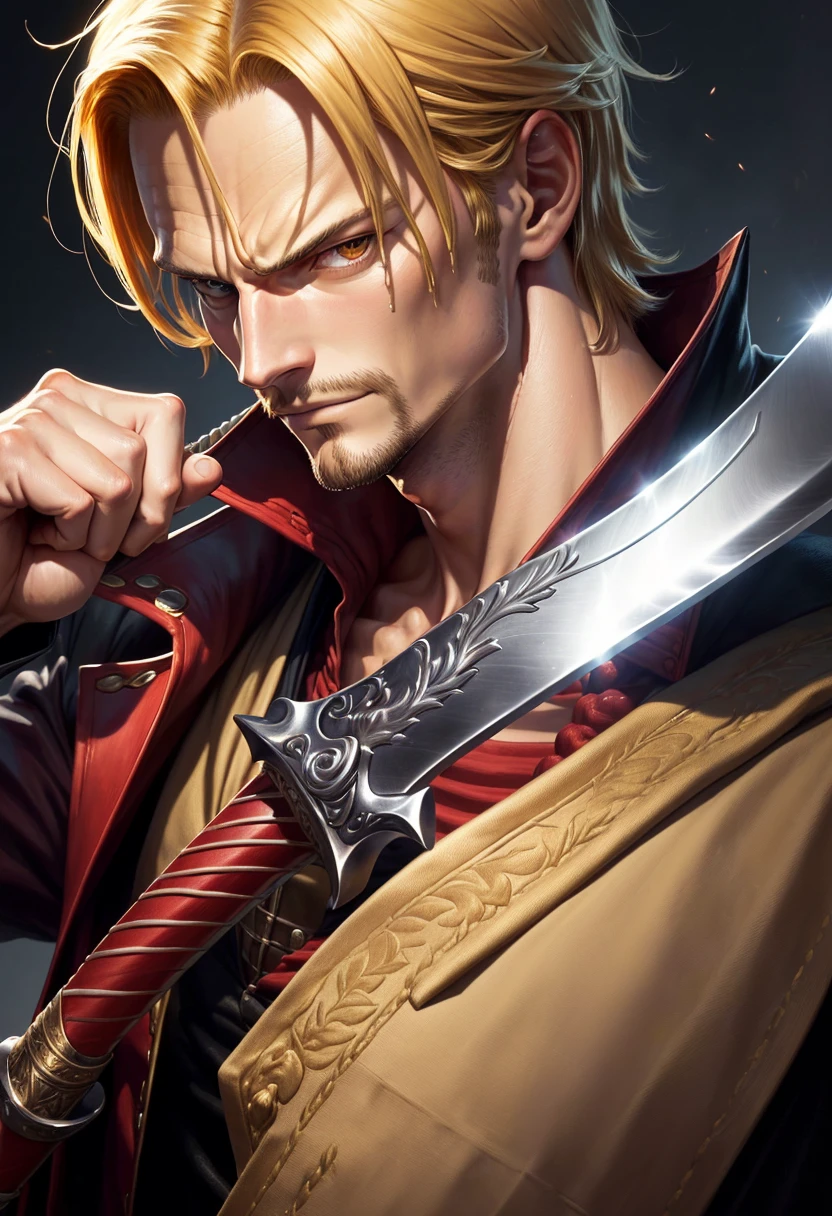 Close up of a man holding a sword in his hand, Portrait of Shanks le Roux, Sanji, from one piece, Kentaro Miura's Manga Art Style, Fan art, Roronoa zoro, one piece artstyle, Color manga scan, Luffy, we, Luffy (one piece, striking manga artstyle, one piece, Official Art