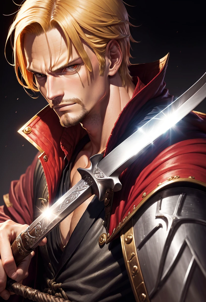 Close up of a man holding a sword in his hand, Portrait of Shanks le Roux, Sanji, from one piece, Kentaro Miura's Manga Art Style, Fan art, Roronoa zoro, one piece artstyle, Color manga scan, Luffy, we, Luffy (one piece, striking manga artstyle, one piece, Official Art