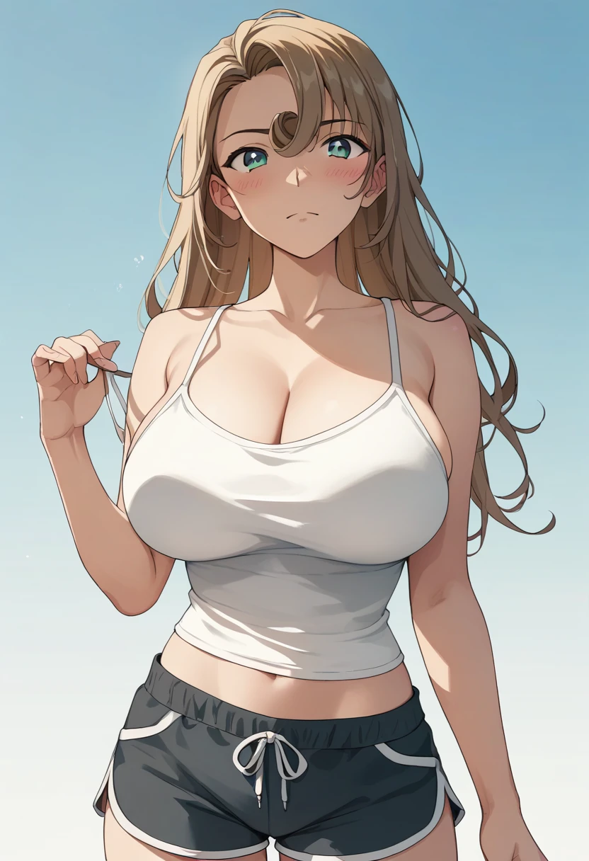 blush、The whole body is visible、Huge breasts、slim:1.5、One Girl,bend、camisole、Cleavage、Dolphin Shorts