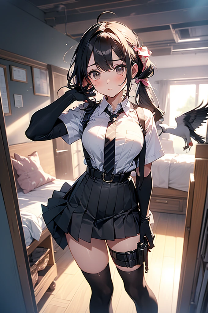 1 female, , high quality, masterpiece, Ultra-high resolution, , Cinema Lighting, , , And the suspenders with the cranes flying Moderate breasts Large Breasts Small face holster Lying in bed Looking up Sweat belt summer 脇Sweat Black Hole Gloves suit garterbelt Leg Links ズボンにbelt holster Hands behind your back Anxious expression Looking up Anxious face Knee-high Knee socks Knee-highソックス garterbelt garter ふとももにgarterbelt Checkered mini skirt Necktie Headband ribbon