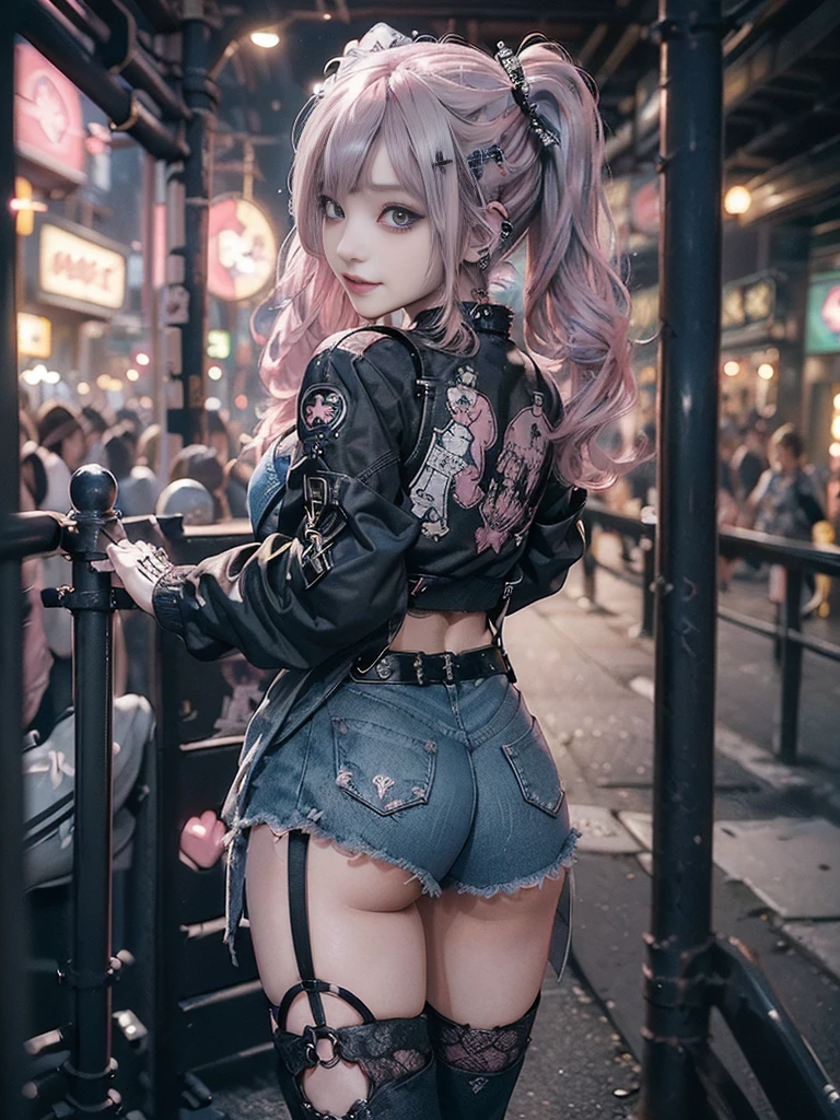 (Full Body View:1.2)、(Back view:1.4)、(Smiling with teeth showing:1.3),(Shibuya Gal:1.5)、(Beautiful:1.4)、(gothic  fashion:1.5)、(Punk RockVisual Kei:1.3)、(Futuristic baby doll in black, white and denim:1.5)、(A delicate jacket in beige, black and navy:1.5)、(Denim garter belt:1.5)、(Denim and black and white bodysuit:1.4)、(Heart-shaped silver accessories:1.5)、(Brown Skin Belt:1.4)、(Blue High Heels:1.4)、(Lace patterned underwear:1.4)、28 years old、NSFW,((Highest quality、In 8K、masterpiece:1.3))、Sharp focus:1.2、(Layered Cut、Beautiful boobs:1.1),Beautiful woman with perfect figure:1.4、(Doing an aerobics pose:1.3)、Slender Abs:1.2、Butt、Highly detailed face and skin texture、Detailed eyes、double eyelid,(Twin tails:1.3)、(Pink Hair:1.3)、Obscene、Gravure idol、(Luxurious amusement park at night:1.3)、(Make your legs thinner:1.4)、(Thin thighs:1.4)、(Slim Body:1.3)、(clavicle:1.1)