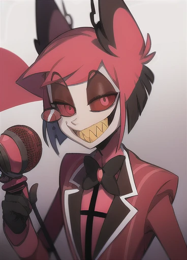 masterpiece, best quality, bowtie, jacket, monocle, microphone, suit, 1boy, solo, animal ears, sharp teeth, red eyes, teeth, bow, smile, looking at viewer, slit pupils, red hair, grin, multicolored hair, red sclera, holding microphone, dark background, terror theme, black and red suit, black hair