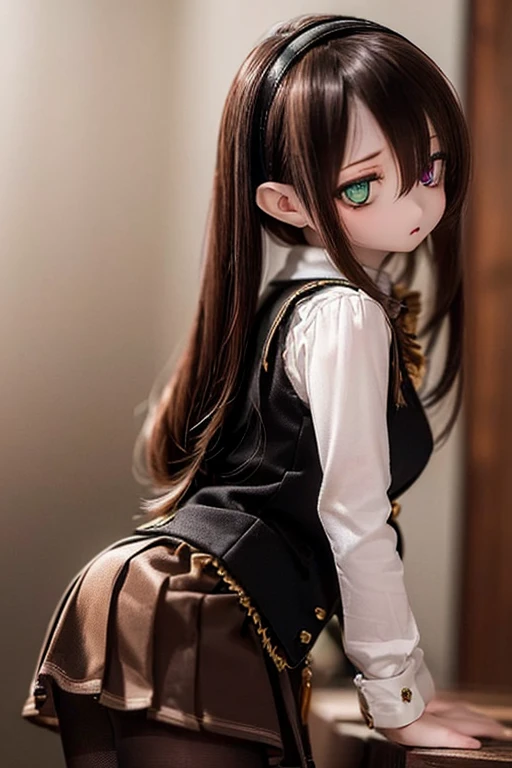 (SFW:2), photorealistic, realistic photo, 8k, ((highest quality)), ((masterpiece)), (extremely detailed), kukolnydom, doll, (mature woman, 22yo, 22 years old, solo:1.6), (profile, from side, leaning forward. slim, slender, skinny, medium breasts, hairband, ascot, vest, blouse, long puff sleeves, pleated skirt, black pantyhose, green eyes, brown hair, long hair, plastic skin, looking at another, glass eyes, gradient eyes, shining eyes, detailed eyes:1.3)