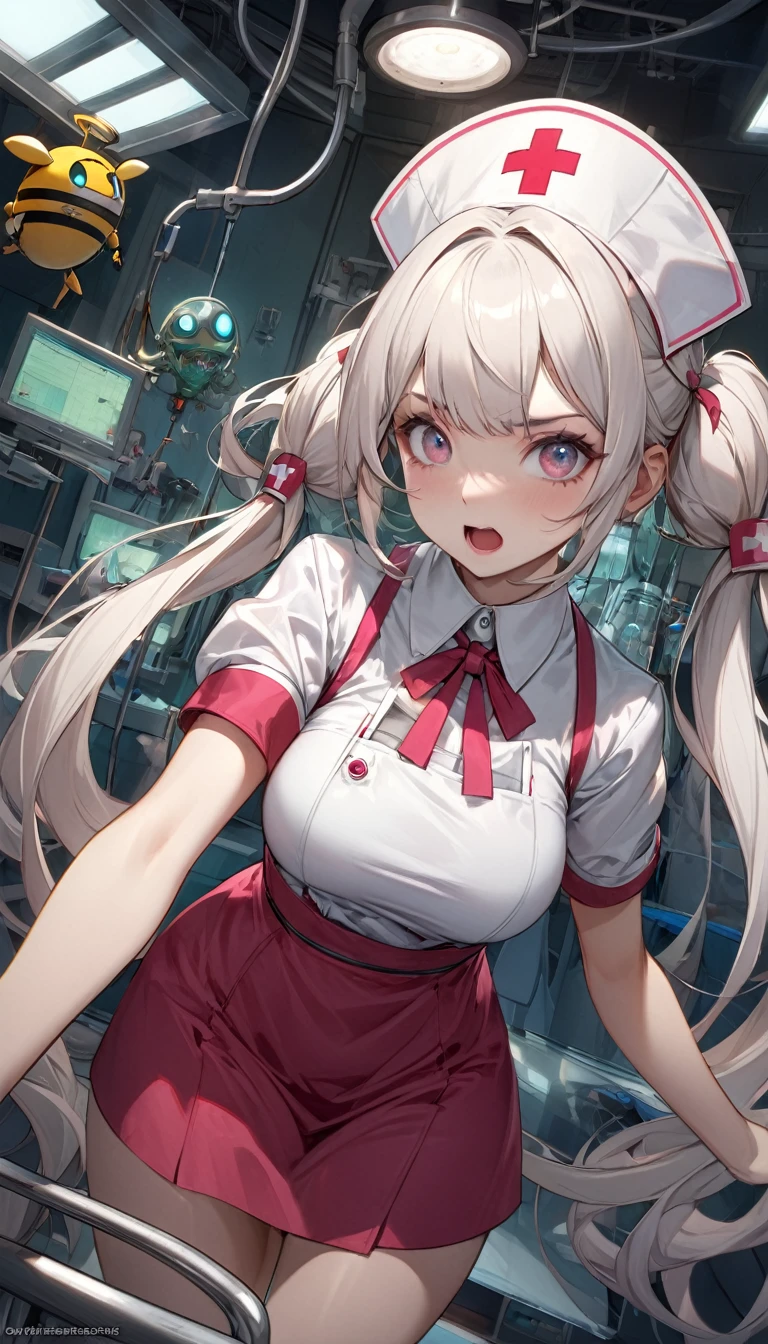 (mad scientist), 8k resolution, masterpiece, Highest quality, Award-winning works, unrealistic, Sexy Womanだけ, healthy body, Age 25, White wavy long hair, hair band, big firm bouncing chests, (Crazy Nurse), A terrifying sight, fear, Very detailed, Digital Painting, artステーション, コンセプトart, Smooth, Sharp focus, shape, artジャム、Greg Rutkowski、Alphonse Mucha、William Adolphe Bouguereau、art：Stephanie Law , operating room, spooky, fear, Full Shot, zombee, Symmetric, Greg Rutkowski, Charlie Bowwater, beep, Unreal 5, Surreal, Dynamic Lighting, ファンタジーart, Complex colors, Horrific scenes, Small face, Very delicate look, Delicate eye depiction, Upper body close-up,, erotic, dynamic sexy pose, Sexy Woman, Healthy body, 24-year-old female, doaxvv_Marie Rose, mad nurse, height: 150cm, Twin tails, To flap one&#39;s hair, Glaring at the camera, look up, Creepy Laughter, (mad look, Bloodshot eyes:1.3), (Bloody nurse uniform, Bloody gloves:1.4), Tight Skirt, stockings, pumps, Brandishing a scalpel