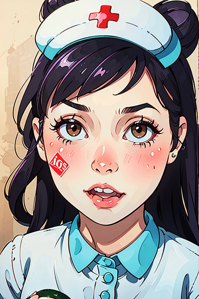 (isabelmoner-smf, dora: 0.9), ((nurse advertises condoms on cucumber)) Romantic In a nurse's uniform, satirical, in the style of Pin Up, higly detailed, Complicated details, Gil Elvgren's ((style Gil Elvgren)), Colorful pin-up art, Gill Elvgren, (hyperrealist in the style of David Barnett · Newton Hellmuth · Yuriy Arkurs ), vintage, 50 mm