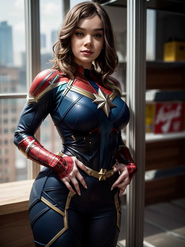 Overweight woman wearing Captain Marvel costume, ultra large breasts, super ultra perfect waist, super ultra perfect hips, brown eyes, white skin, brown hair,