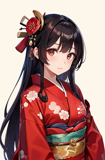 Highest quality, High resolution,1 female,thin、Small face、Brown eyes、(expensive:1.3)、Black hair break、Long Hair、(Red kimono:1.4)、hair ornaments、Age 25、mature、winter,Big Breasts