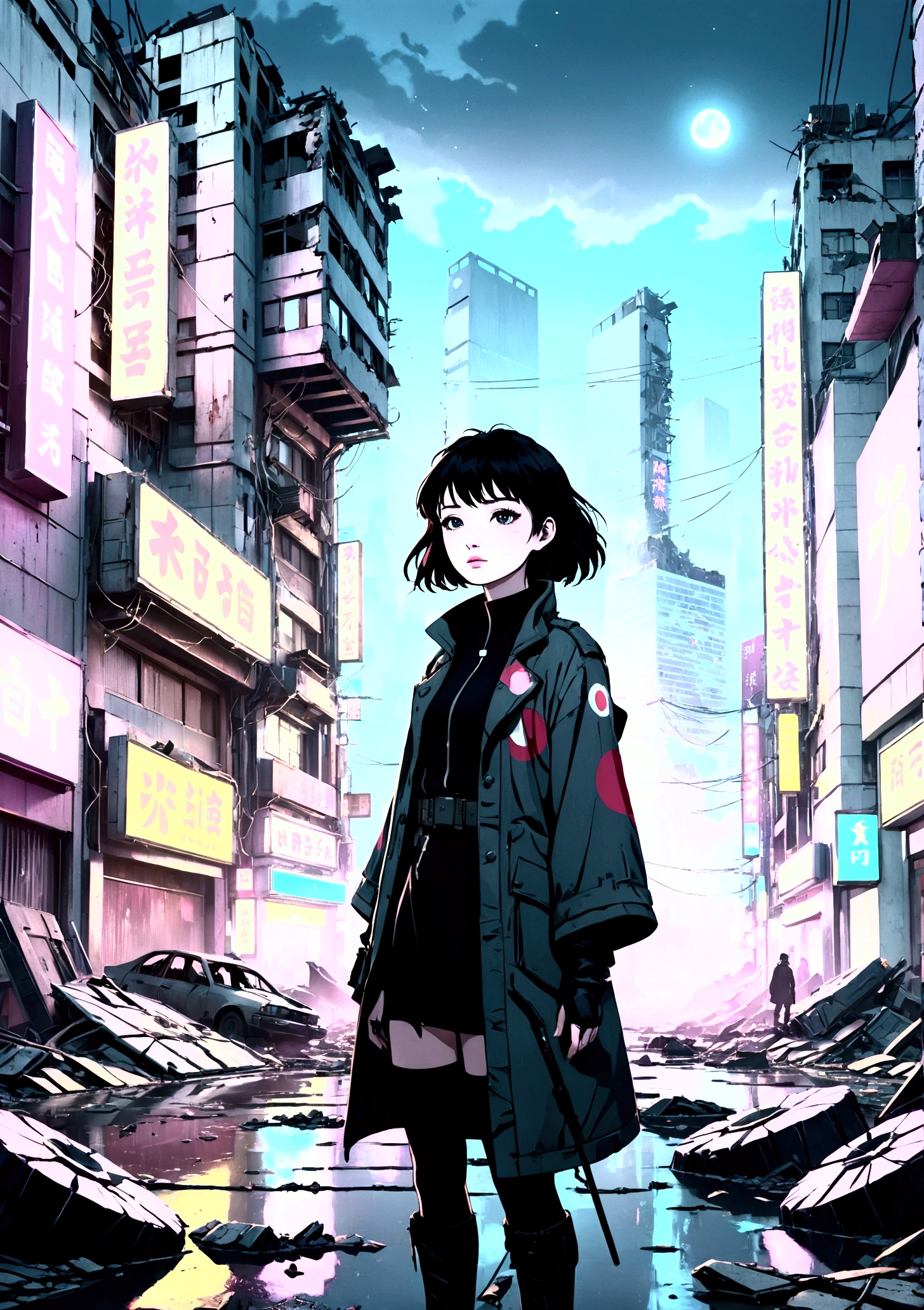 Collapsing Japanese cities,The neon lights are on,Busy appearance, Floating Debris, Beautiful attention to detail, Beautiful lip detail, Very detailed目と顔, Long eyelashes, , Ruined cityscape, Post-apocalyptic, Very detailed, 4K, 8k, Realistic, Cinema Lighting, Dramatic colors, Calm Tones, Grainy, Dystopia, sf, Concept Art