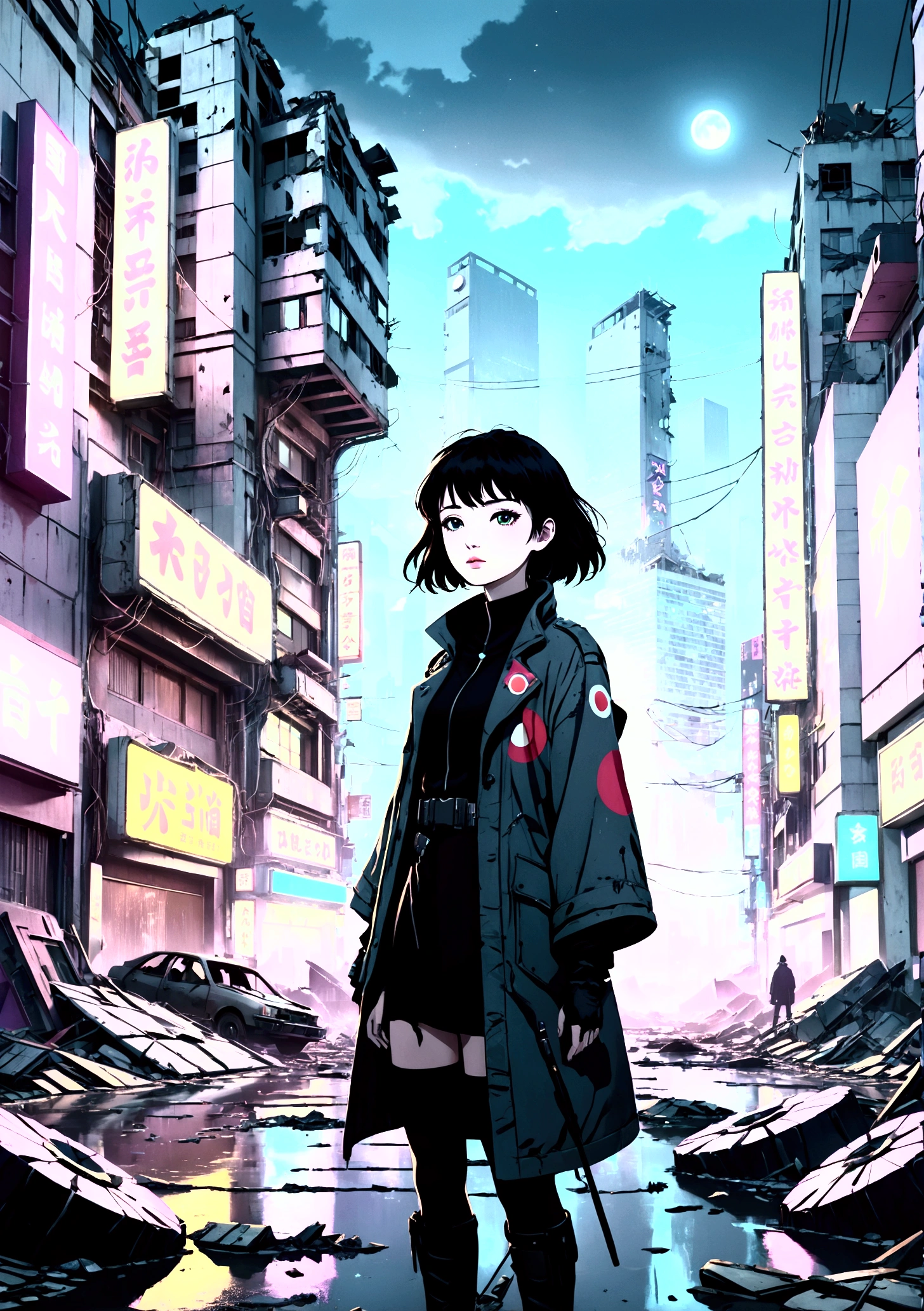 Collapsing Japanese cities,The neon lights are on,Busy appearance, Floating Debris, Beautiful attention to detail, Beautiful lip detail, Very detailed目と顔, Long eyelashes, , Ruined cityscape, Post-apocalyptic, Very detailed, 4K, 8k, Realistic, Cinema Lighting, Dramatic colors, Calm Tones, Grainy, Dystopia, sf, Concept Art