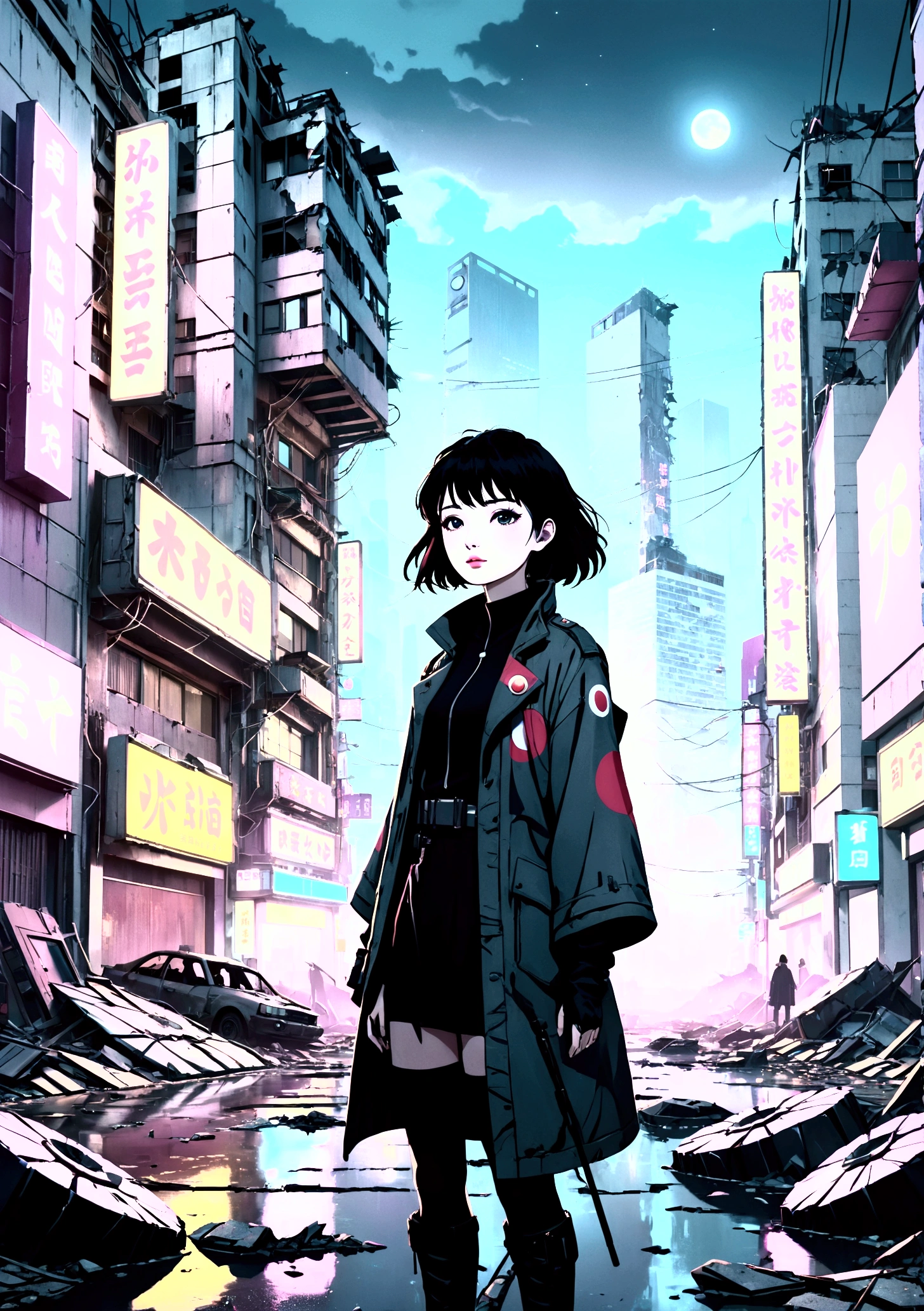 Collapsing Japanese cities,The neon lights are on,Busy appearance, Floating Debris, Beautiful attention to detail, Beautiful lip detail, Very detailed目と顔, Long eyelashes, , Ruined cityscape, Post-apocalyptic, Very detailed, 4K, 8k, Realistic, Cinema Lighting, Dramatic colors, Calm Tones, Grainy, Dystopia, sf, Concept Art