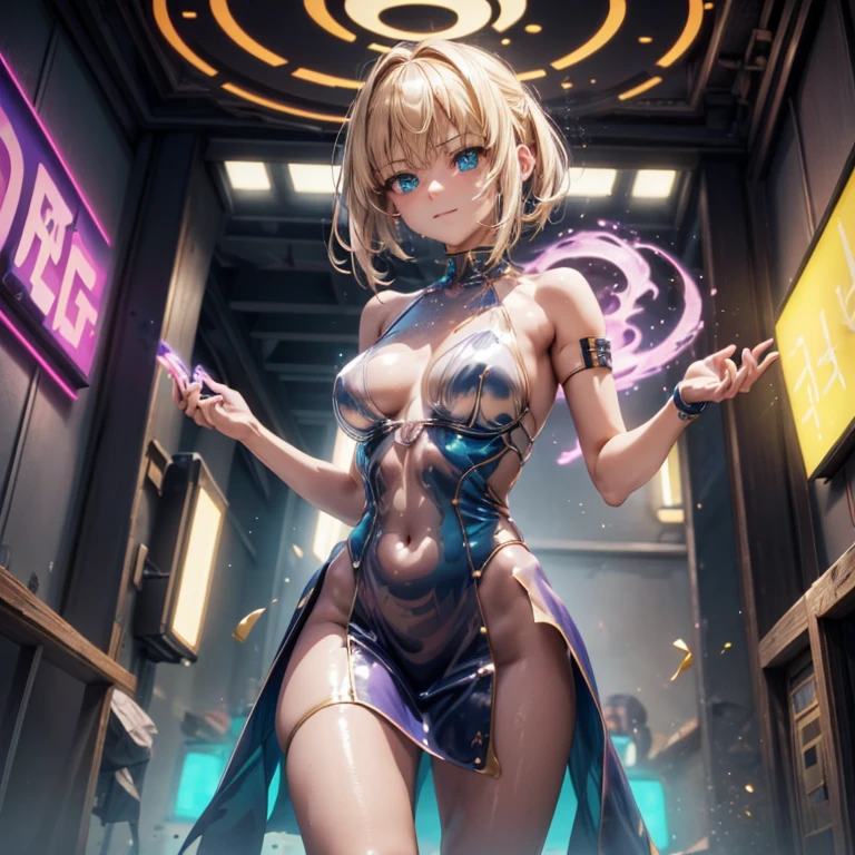 ((Highest quality)), ((masterpiece)), (detailed:1.4), 3d, detailedな筋肉のリアルなmasterpieceを持つカメラを見ている美しいサイバネティックガール, Beautiful cyberpunk woman image,High resolution (High Dynamic Range),Ray Tracing,NVIDIA,Super Resolution,Unreal 5,Scattered beneath the surface,PBR Texturing,Post-processing,Maximum clarity and sharpness,Multilayer Texture,Albedo and Specular Maps,Surface Shading,Accurate simulation of light-matter interactions,Perfect Proportions,Octane Rendering,Two-tone lighting,wide aperture,Low ISO,White balance,Three-part method,8K RAW, Active Pause, Action pose, (Gold Parts), fringe, Emerald Blue Eyes, very beautiful shorthair, (A faint smile), ((Very elegant)), ((Very luxurious)), (Suite Room), (From below),masterpiece,8k,(Silicone Skin), ((In-focus photo)), ((Focused photos)), ((People are not blurred)), 4K,Blonde、Attractions、A beautiful, high-contrast, rainbow-hued costume、Tight clothing ,sprawl ,Heart symbol,(Glowing Skin、Pink and blue light source),huge , ((Heavy breathing:1.3)), , Little devil smile, From belowのアングル、、throw、((Illuminated by neon and black lights)))、Dancing, (with a gun in hand)、((Two perfect hands))、((Perfect Five Fingers))、