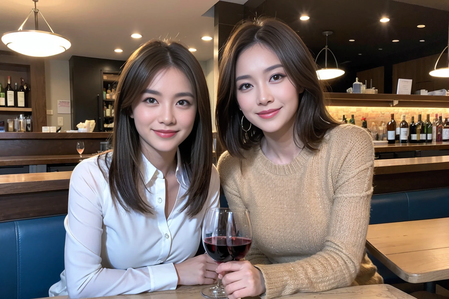 ((Highest quality、8k、masterpiece:1.3))、slimカップル、modelカップル、(Realistic, Intricate details:1.2), full-course dinner、wine 、Amazing view of the sunset sky and clouds、A bright smile、The wonderfulness of smile、Bright image、wineの美しさ, Beautiful Face, blue eyes, The light shines on your face, blush, short hair,Bright Face、 (Age 37), 39 years old, 赤wine 、Appetizers、Italian food、wine bottle、Champagne、スパークリングwine、Two beauties、Brown Hair、Shortcuts、Long sleeve shirt、dress、Beautiful woman 1, (slimな顔), (The body is slim), (Brown Hair), (Shortcuts), cheeks turn a little red,Attractive beauty、restaurant, In a prominent place (From the waist up) Nova Frog Style, actress, model, Upper Body, 白wine, slim, wineグラス, 中央に置かれたwineグラス, smile, (smile: 1.15), Beautiful fine grain, Depth f/2,saturation, High Contrast, Strong light and shadow,Moist Body:1.5、3D texture、Delicate eyes、Brown Hair、The hair is very shiny、