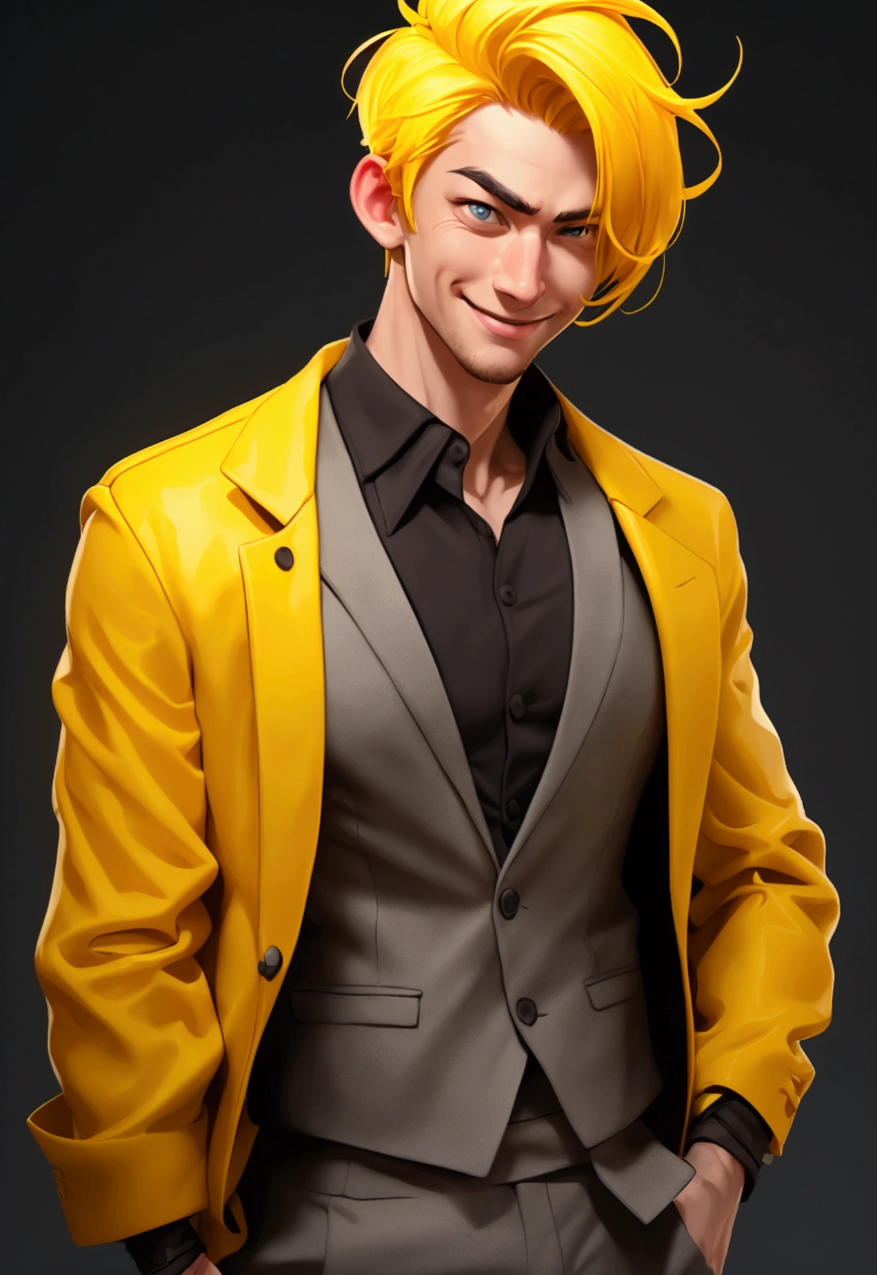 A cheerful character man in his 30s with yellow hair