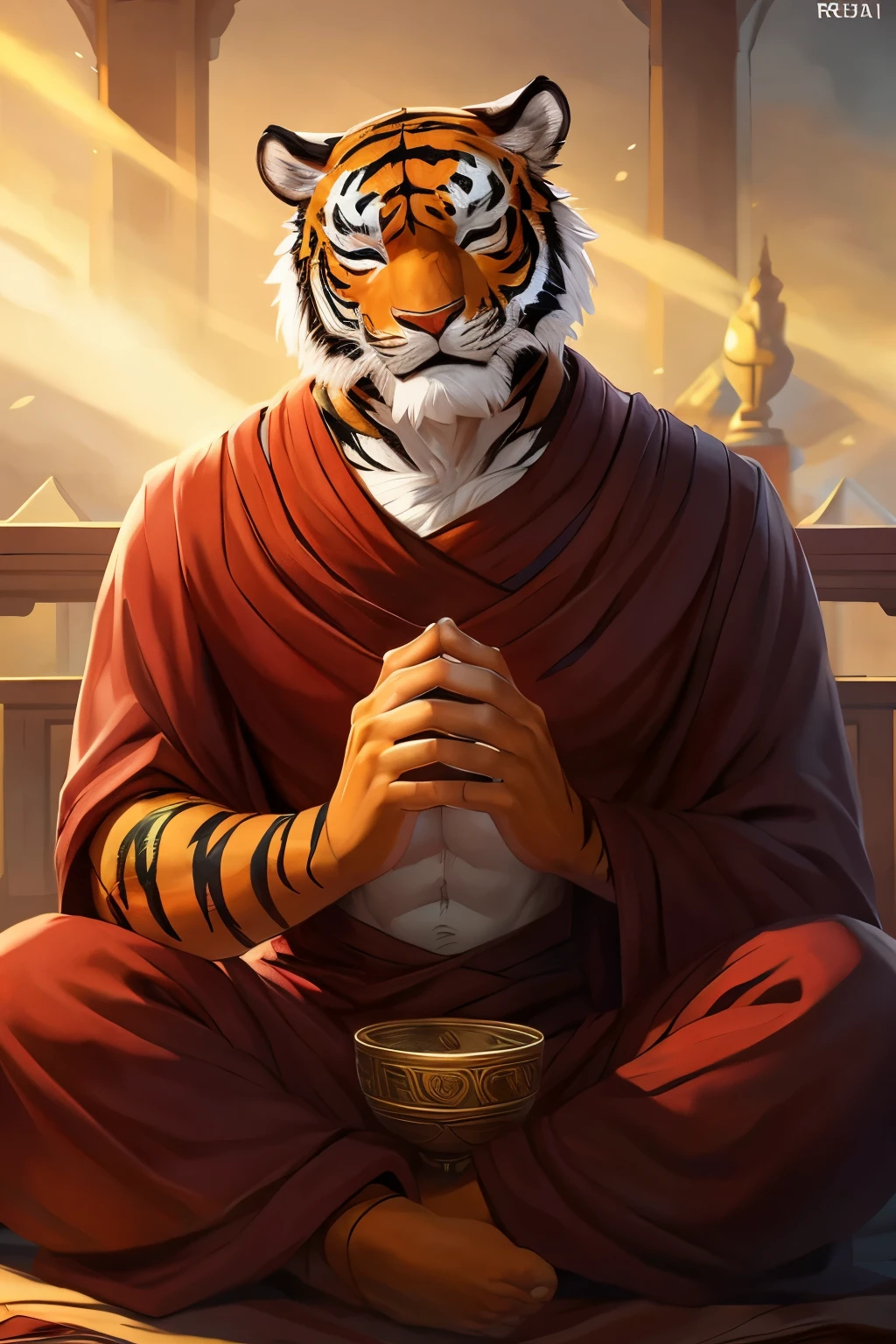 In a breathtaking and intricately detailed masterpiece, a scene of unity and sacrifice unfolds. The image is titled "Sattva and the Tigrine Bond" and has gained traction on Artstation, under the artists Ross Tran, Ruan Jia, Foxovh, and Cenematic Lighting.

The main focus of the piece is a Buddhist monk, Sattva, who is depicted in a meditative pose, with his eyes closed and a serene expression on his face. The monk's body is contorted, as he leans over a tiger, offering a piece of his own flesh to the majestic beast. The tiger, with its powerful